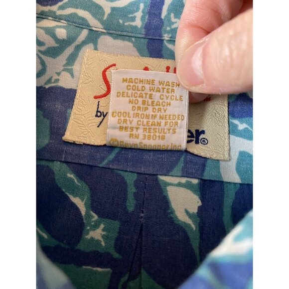 Reyn Spooner Alfred Shaheen Hawaiian Shirt Men Size Large L Floral Blue Collared - Picture 9 of 11